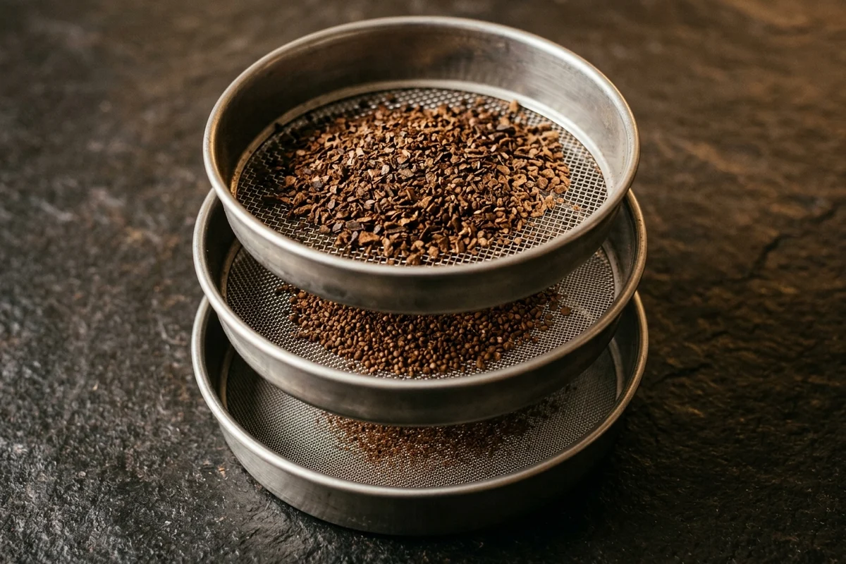Three unmarked metal sieve screens stacked in a short tower on dark stone, the top one holding a loose layer of coarse angular coffee flakes, the middle one a thinner layer of smaller particles, and the lowest almost bare with only a faint dusting of the finest grounds.