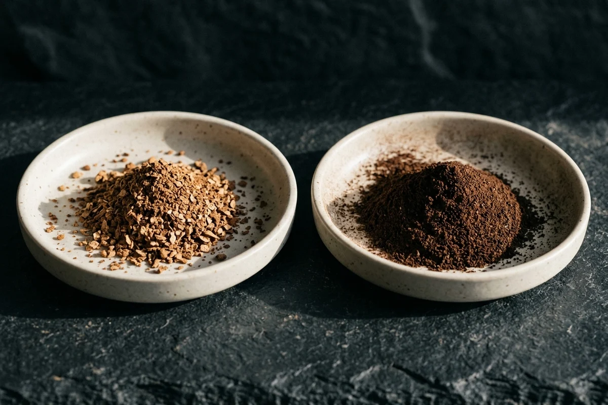 Two identical shallow ceramic dishes side by side on dark stone, the left holding a pale tan heap of coarse chunky coffee flakes, the right holding a dark brown heap that is visibly finer and denser with a haze of dust on the dish wall.