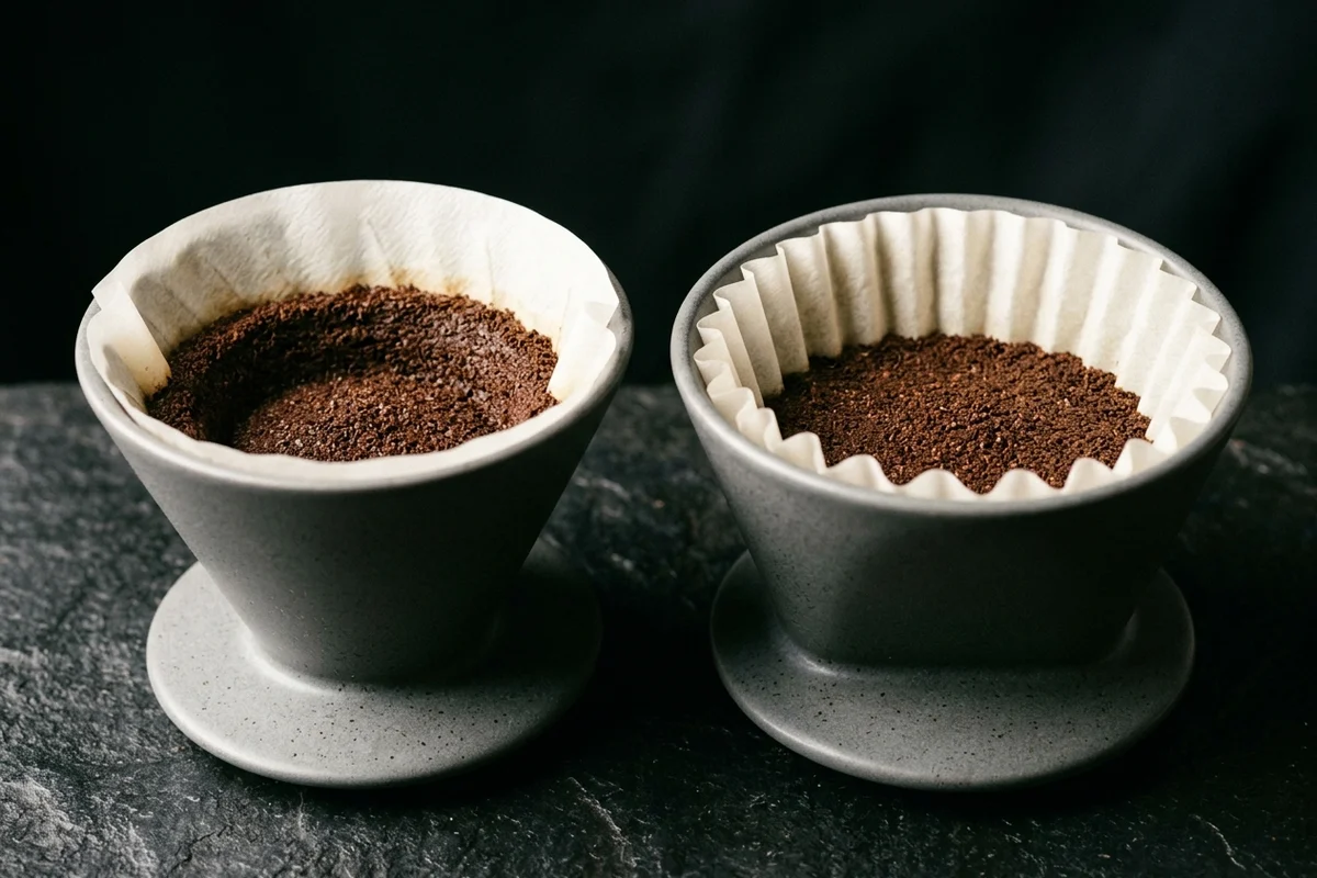 A conical pour-over dripper and a flat-bottomed dripper side by side on dark stone, each lined with a white paper filter and holding the same dose of ground coffee, the cone holding a deep narrow bed banked up its sloping walls and the flat dripper holding a wide shallow disc.