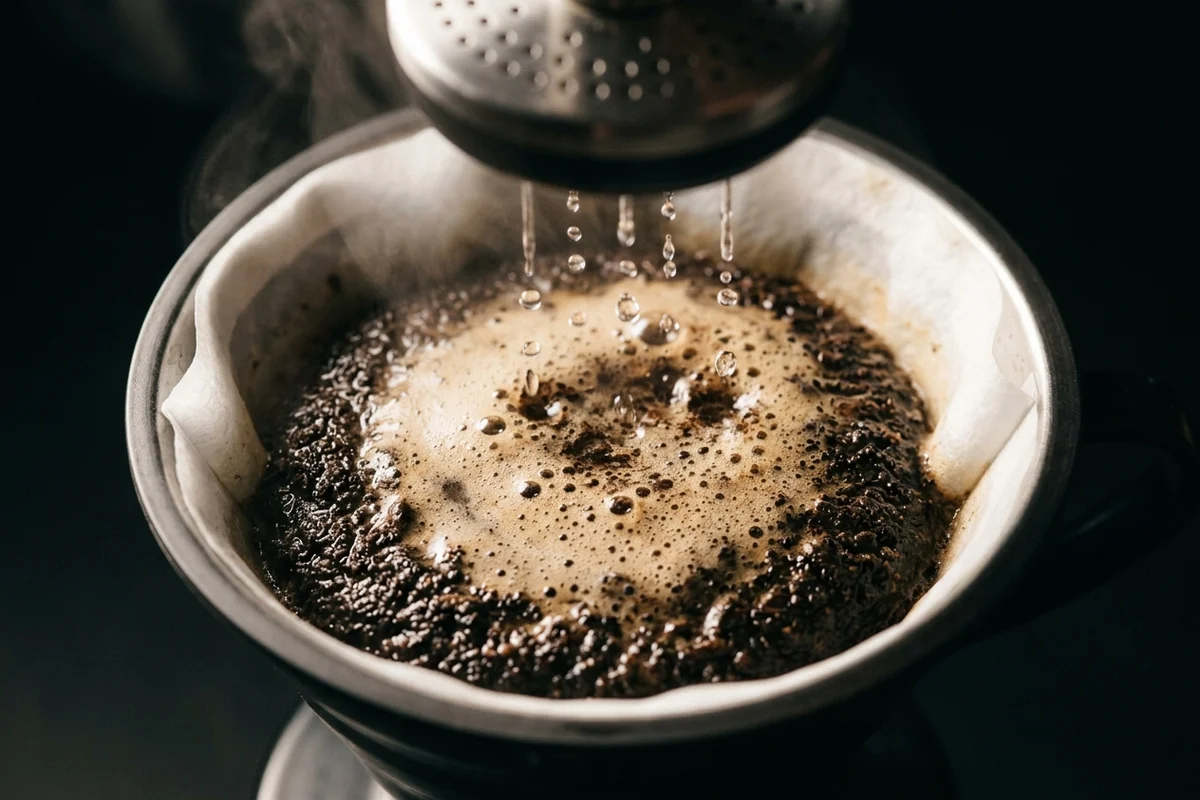 Looking down into a drip coffee maker's basket mid-brew: a paper filter holding a wet, dark bed of ground coffee with a pale foam in the centre, drops of water falling from a perforated metal showerhead above and a little steam rising.