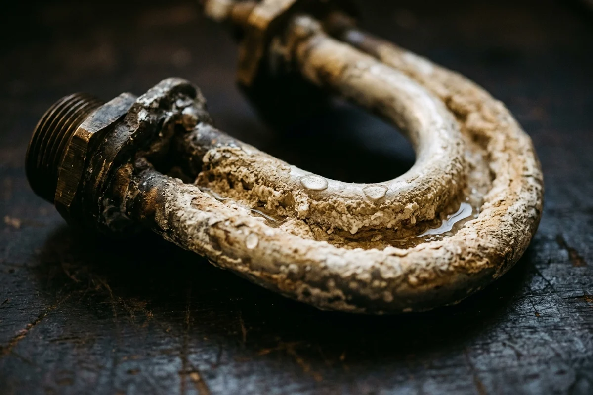 A curved metal heating tube with a threaded brass fitting, lying on a dark wooden surface, its outer wall caked in a thick, rough crust of white and beige mineral scale with a few beads of water on it.