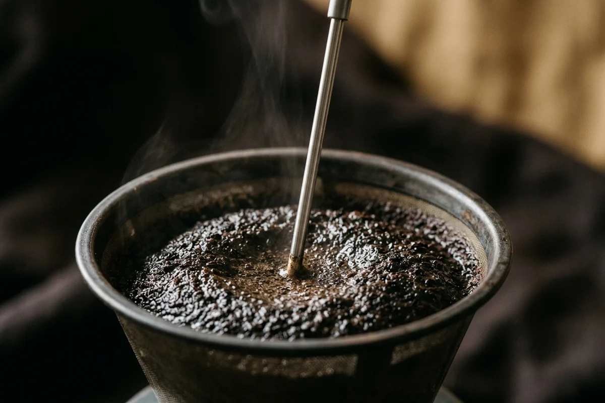 The thin stainless-steel probe of a kitchen thermometer entering from the top of the frame and dipped into the centre of a wet, dark bed of ground coffee in a metal mesh filter basket, with a little steam rising; the thermometer's body is out of the frame.
