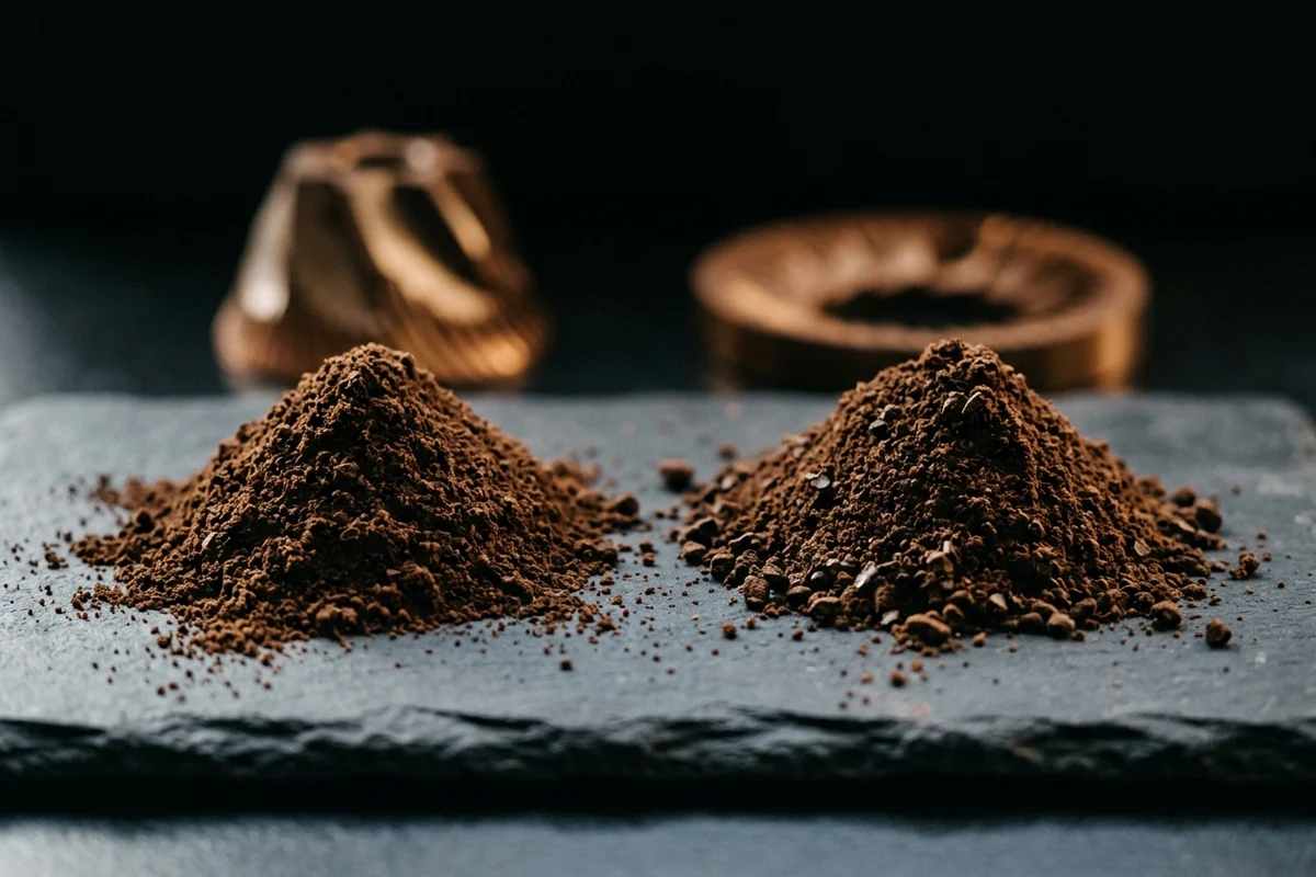 Two small mounds of ground coffee on a dark slate slab under a raking light: the left one fine and even, the right one coarser with visible fragments, both edged with a dust of fines. Out of focus behind them stand a conical burr on the left and a flat burr on the right.