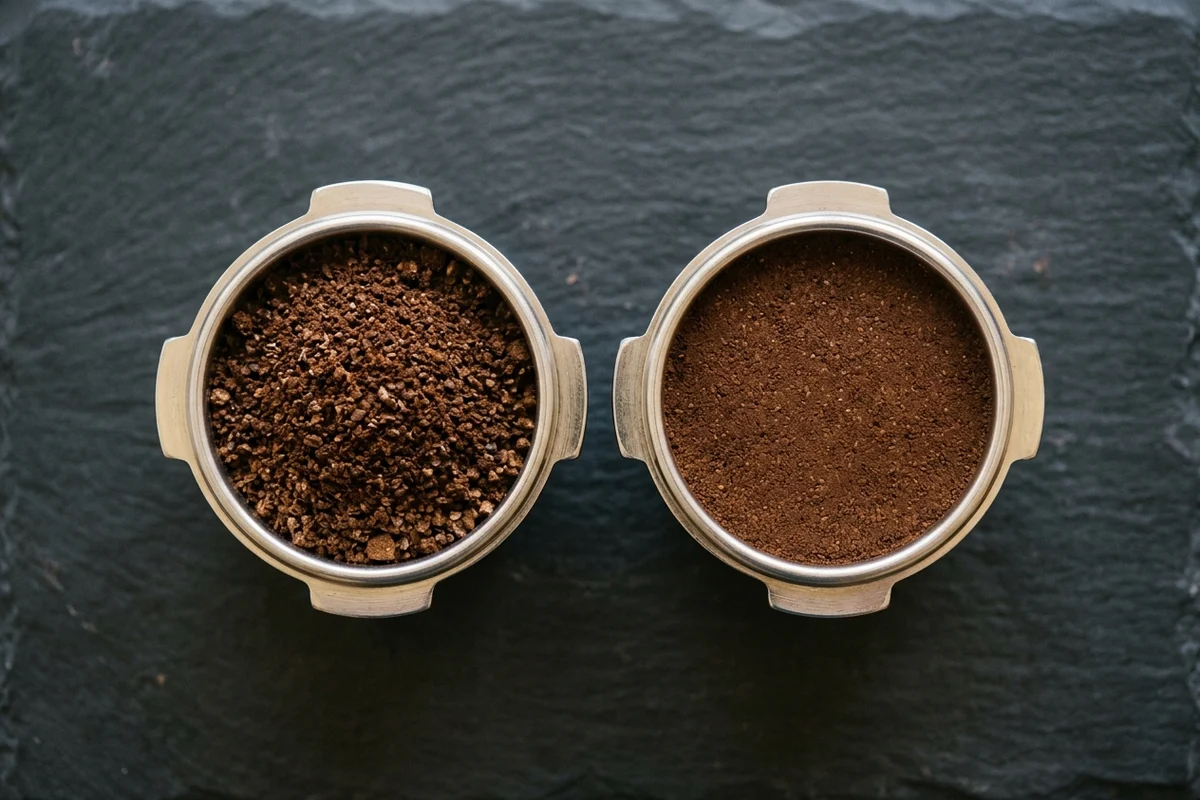 Two espresso baskets without handles, seen from directly above on dark slate: the left one filled level with a visibly coarse grind, the right one with a fine, smooth grind.