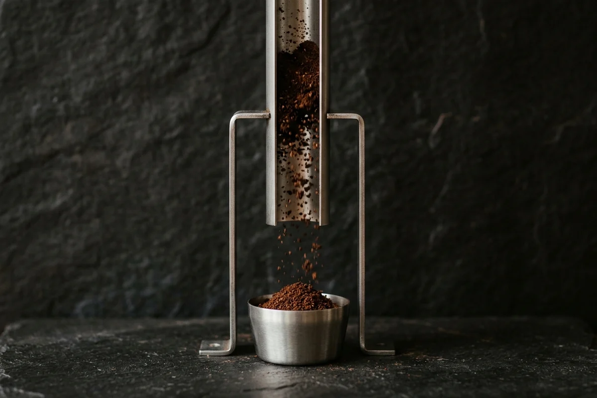 Ground coffee falling straight down through an open vertical steel chute, held upright by a plain bracket, into a small steel dosing cup on dark stone.