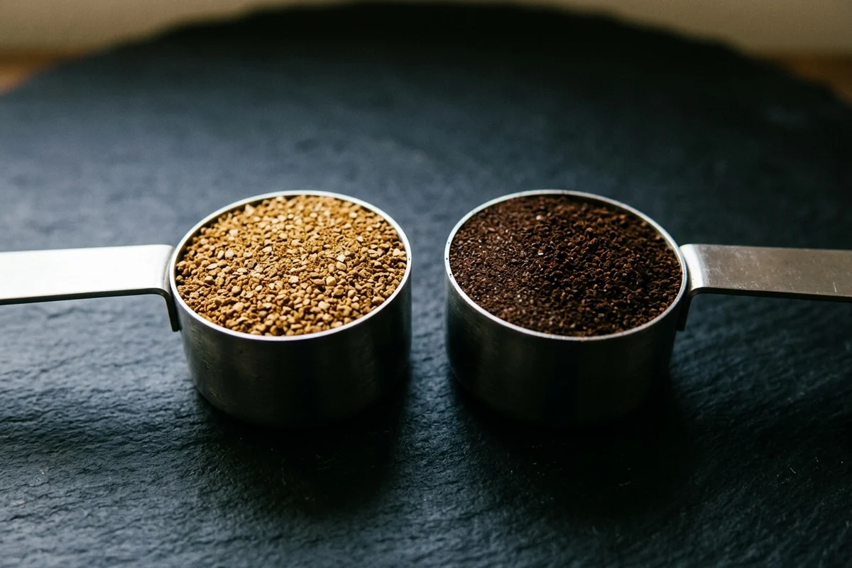 Two identical metal coffee scoops side by side on dark slate, both filled level to the same brim, the left holding a pale coarse grind and the right a much darker, finer one.