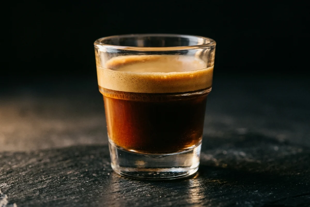 An espresso in a heavy glass seen at eye level, a plain moulded ridge running round the glass with the dark liquid sitting below it and a thick hazelnut crema layer riding above it.