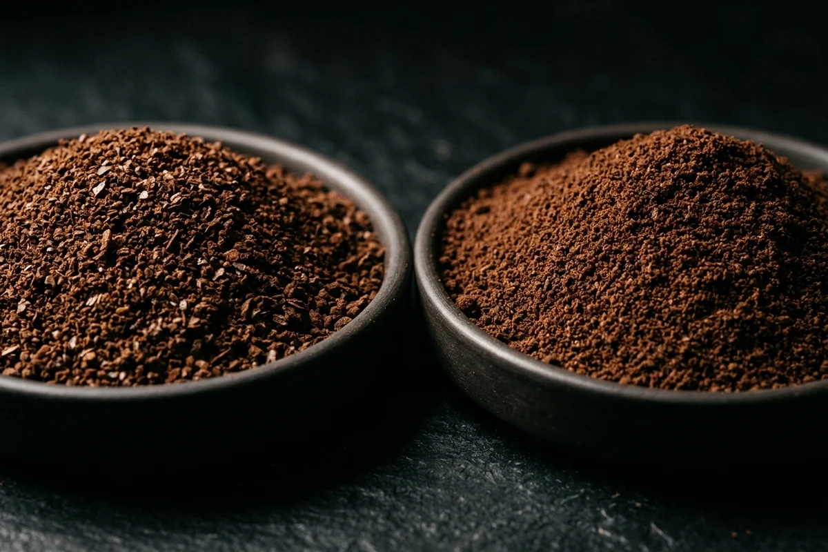 Two identical dark dishes of ground coffee side by side in tight macro on dark stone, both exactly the same colour, the left visibly coarser with individually resolvable flakes and the right finer and smoother.