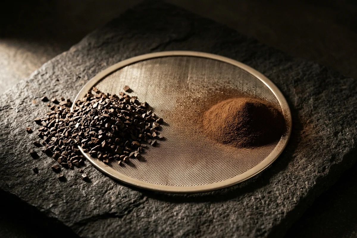 A single unmarked sieve screen lying flat on dark stone with two separated heaps of coffee beside it: a large heap of coarse angular flakes on the left and a much smaller heap of impalpable fine dust on the right.