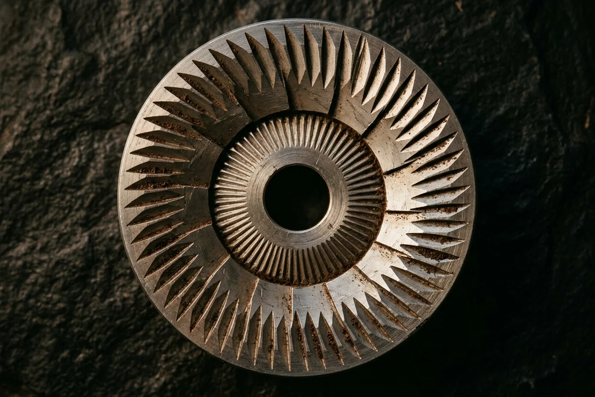 A single unbranded burr disc photographed from directly overhead on dark stone, its radial cutting ridges catching a hard raking light, with traces of coffee dust caught in the grooves and dulled highlights from use.