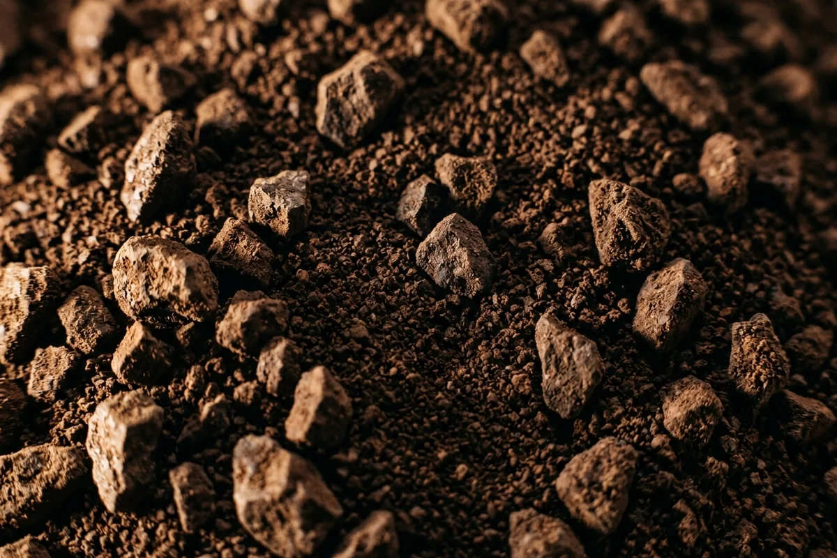 Macro of a coffee bed from directly above showing two clearly different particle populations: scattered chunky angular fragments several times larger than the fine granular material packed into every gap between them.