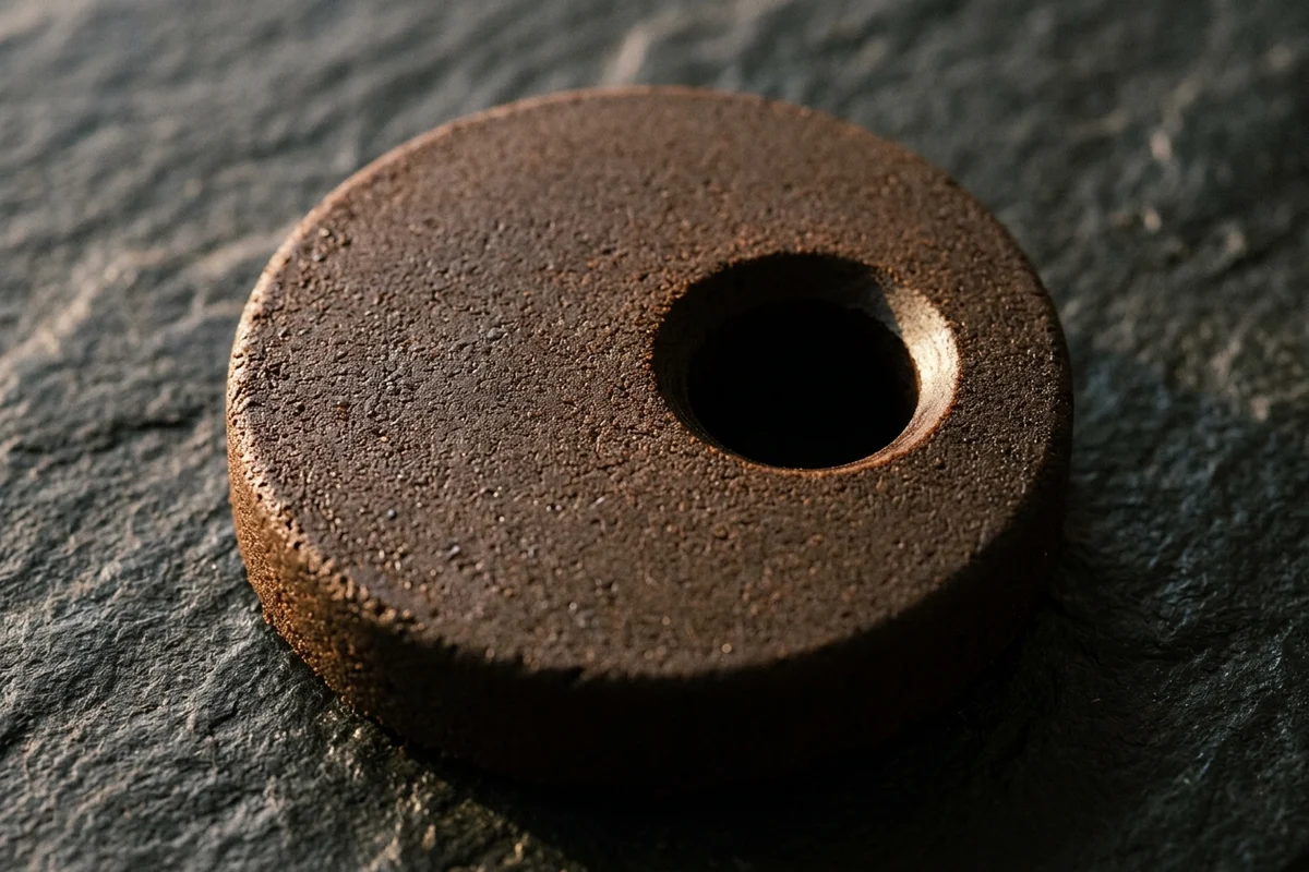 A spent espresso puck on dark slate with a single clean round hole punched straight down through its surface, well away from the centre, its walls smooth and its interior falling into shadow.
