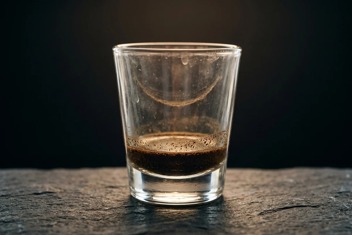 A nearly empty espresso glass on dark slate with a shallow film of coffee in the base and a distinct darker layer of fine sediment settled across the bottom, a thin drying ring above it on the glass wall.