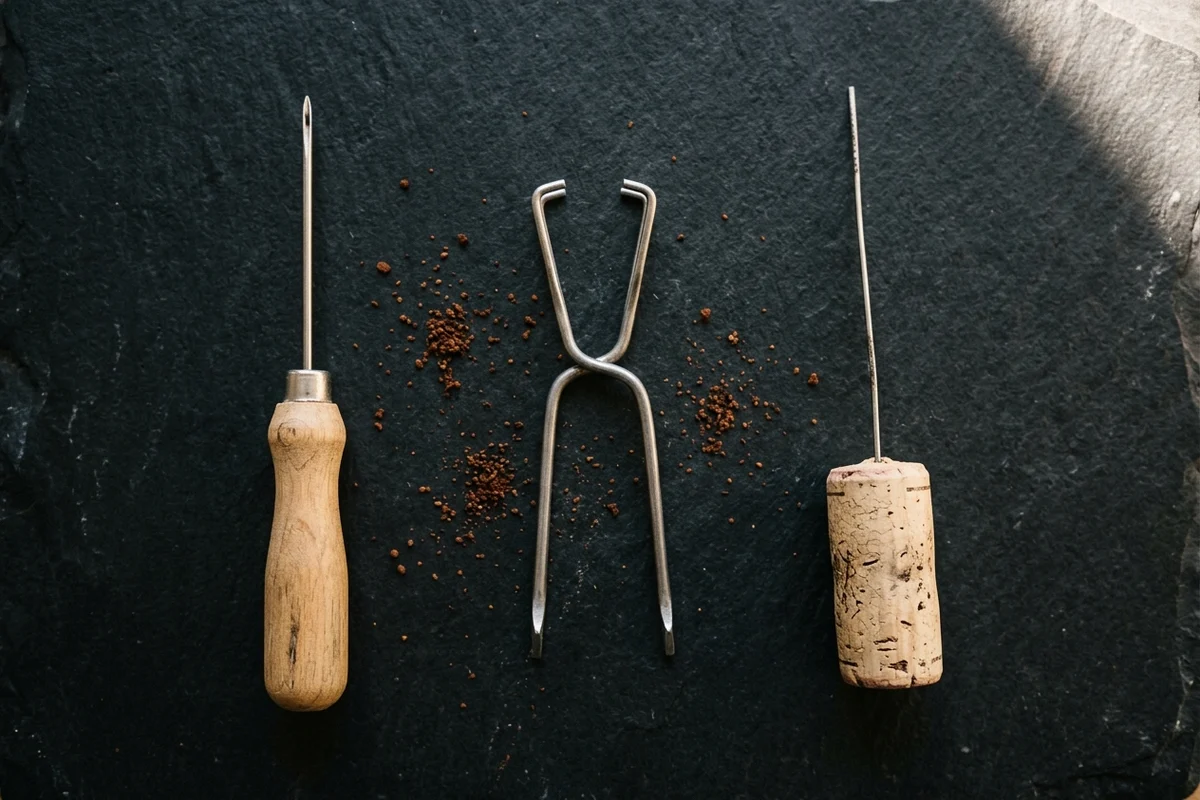 Three improvised thin implements laid in a row on dark slate: a wooden-handled steel needle, a small two-pronged wire puller, and a length of fine wire pushed into a cork, with loose coffee grounds scattered between them.
