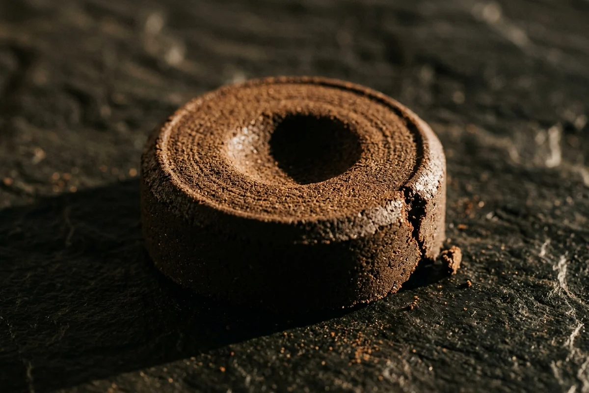 A spent espresso puck knocked out onto dark slate, holding its disc shape like a dry biscuit, with a shallow rounded hollow dished into its centre and a small crumbling break at one edge.