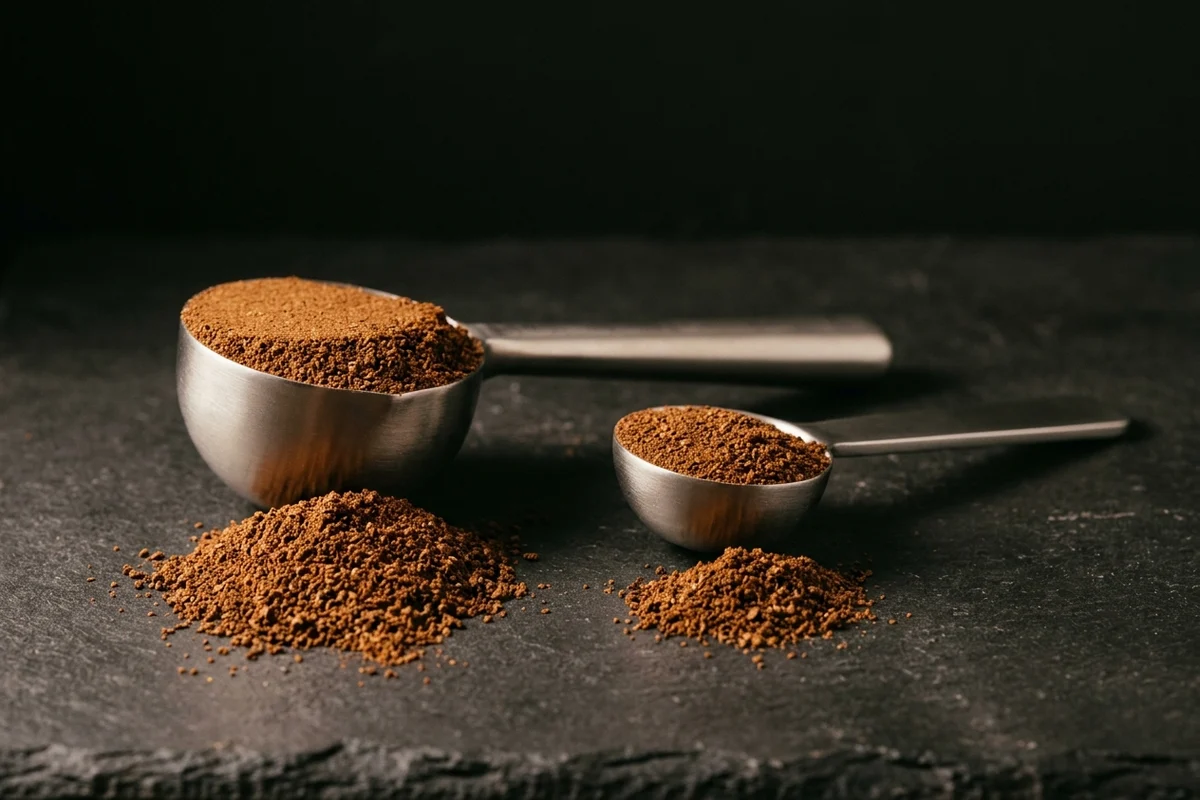 Two metal coffee scoops of visibly different size side by side on dark stone, each heaped level with ground coffee, the contents of each tipped out in front into two mounds of different volume.