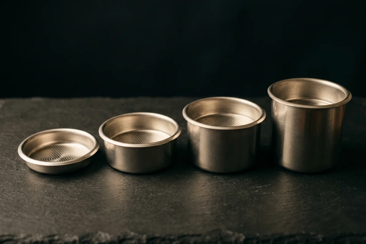 Four empty stainless espresso filter baskets standing in a row on dark stone, each one visibly deeper than the last, their perforated bases catching the light.
