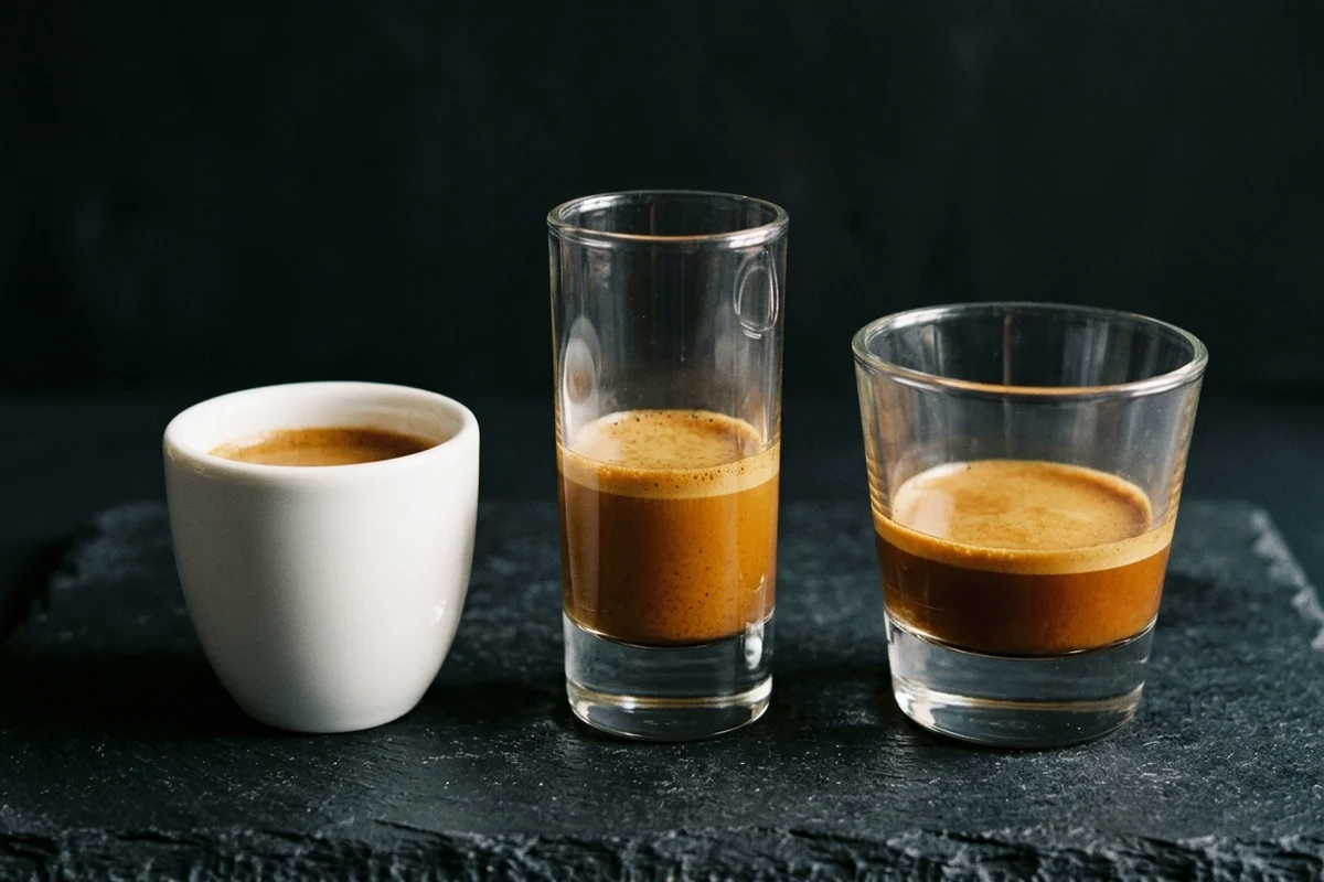 Three unmatched vessels on dark slate, each holding a different volume of espresso under a crema collar: a small white porcelain cup, a tall narrow glass and a wide squat tumbler.