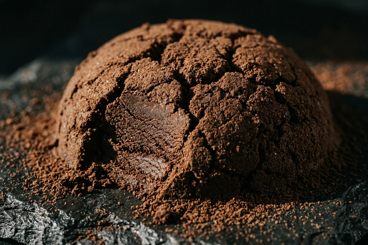 Macro of a mound of very finely ground coffee that has caked into a solid dome, its crust broken open on one side to show the packed interior, lit from a low angle so every clump throws its own shadow.