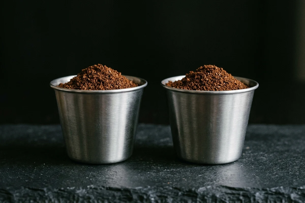 Two identical plain stainless dosing cups side by side on dark slate, both heaped with ground coffee at fill levels that look the same.