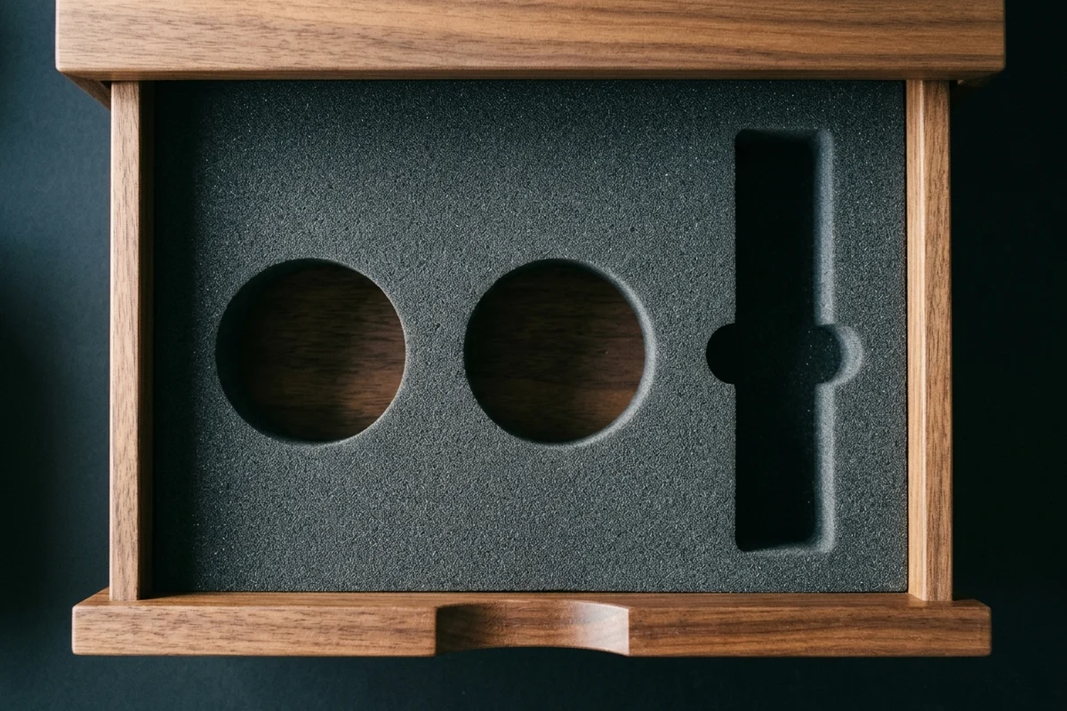 An open walnut drawer seen from directly above, lined with grey foam cut to hold two round discs and a small brush, with every recess empty.