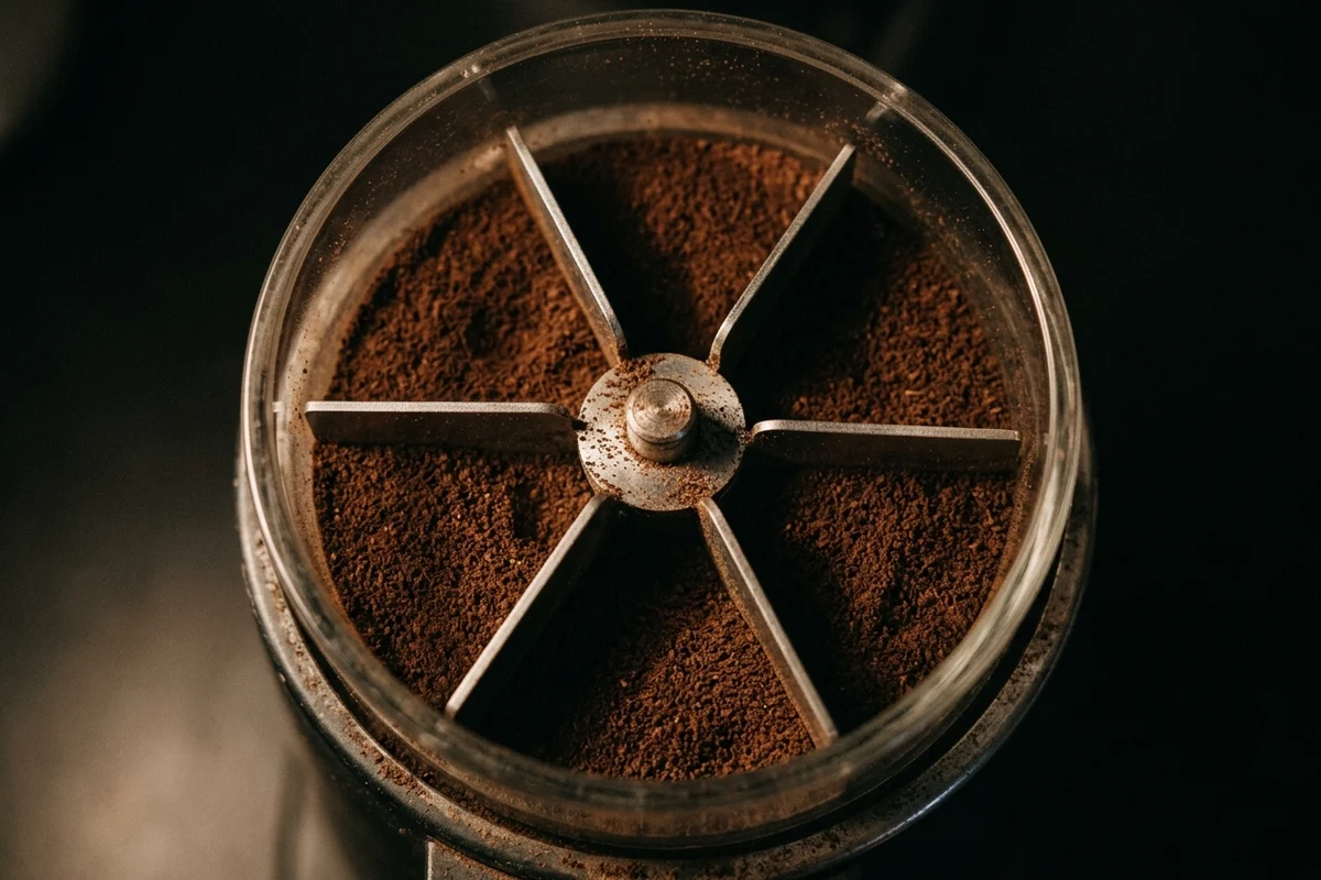 Looking down into the clear doser chamber of a café grinder-doser: six steel vanes radiate from a central spindle, and every wedge between them is filled with fine, dark espresso grounds.