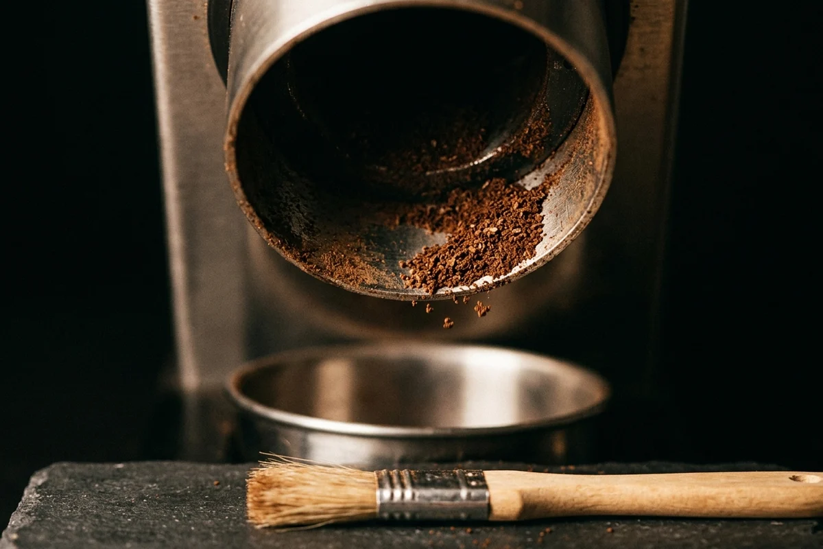 Close-up of a steel grinder chute with a small drift of ground coffee caught on its inner lip and a few particles falling towards an empty catch cup, with a wooden-handled brush lying on dark stone in front.