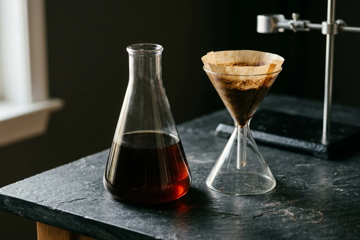 A plain unmarked glass flask of black coffee on a dark bench beside a glass funnel holding a spent paper filter, with a laboratory clamp stand behind them.