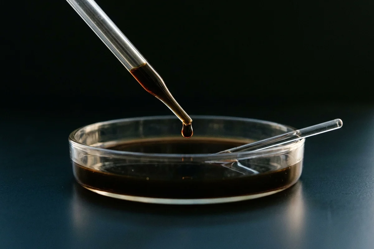 A glass pipette lifting a single drop of coffee from a shallow glass dish holding a thin layer of brew, with a plain stirring rod resting across the dish.