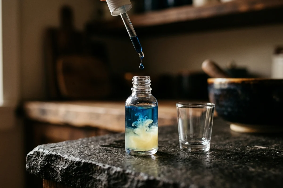 A drop of blue reagent falling from a dropper into a small clear glass bottle of water on a dark stone counter; the blue spreads through the top of the water while the lower half has turned pale yellow. An empty shot glass stands beside it.