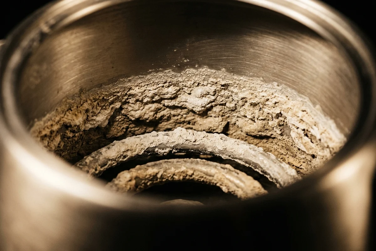 The inside of an open stainless steel boiler, its lower wall and coiled heating element caked in a thick, rough crust of white and beige limescale under a raking light.