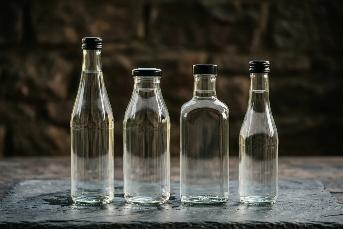 Four unlabelled glass bottles of clear still water, each a different shape and height and capped in black, standing in a row on a dark slate slab.
