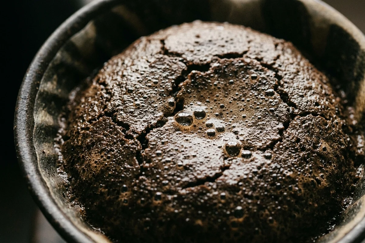 A wetted bed of coffee grounds domed and cracked during the bloom, with carbon dioxide bubbles across the surface.