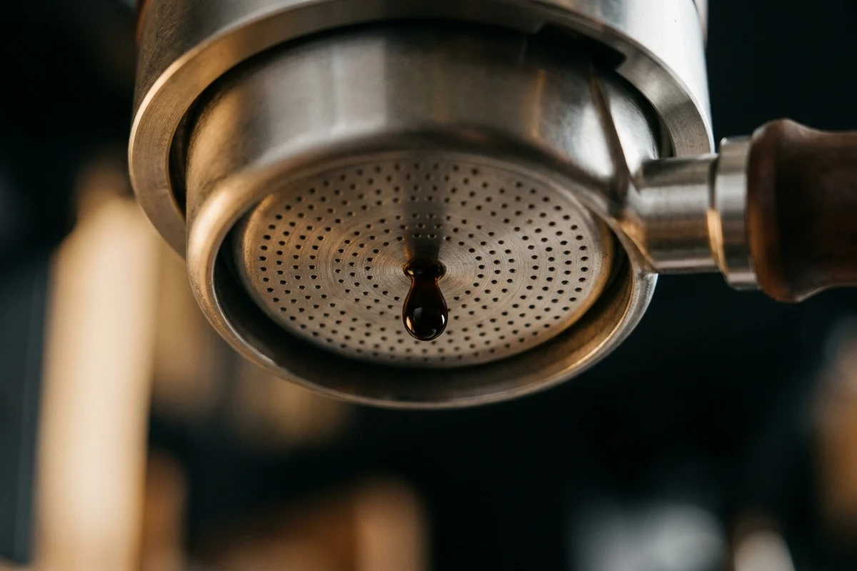 The perforated underside of a bottomless portafilter with a single dark drop of espresso forming at its centre.