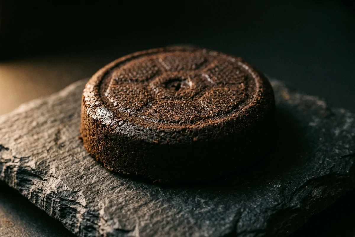 A spent espresso puck knocked out onto dark slate, still damp, the impression of the shower screen visible across its top face.