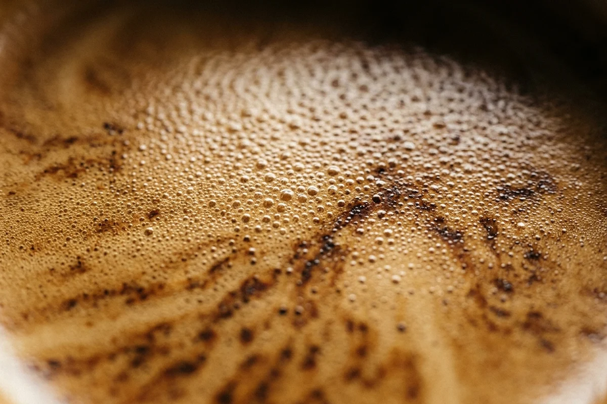 Extreme close-up of espresso crema: a dense field of fine bubbles with darker mottled streaks running through it.