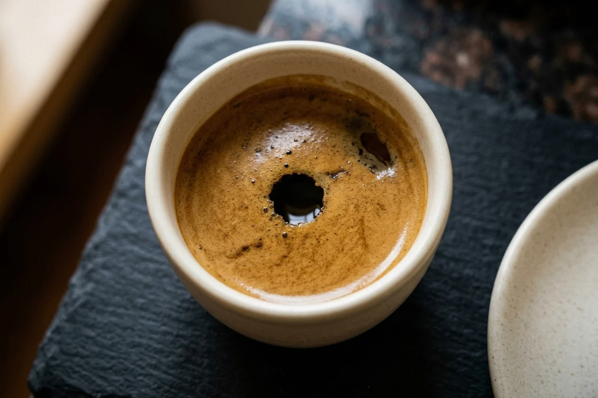 The same espresso seen from above after two minutes, a dark hole opened in the middle of the crema exposing the liquid underneath.