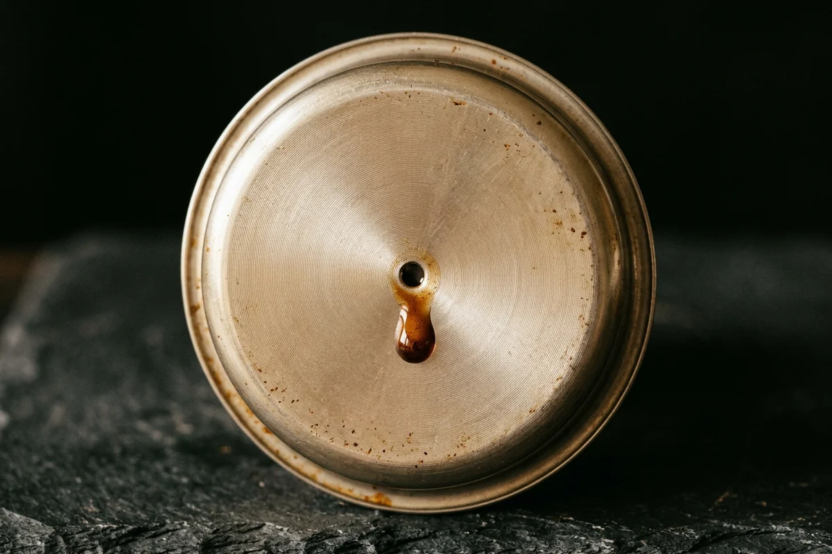 The underside of a double-walled espresso basket: a smooth metal disc with a single small hole at its centre and a bead of espresso hanging from it.