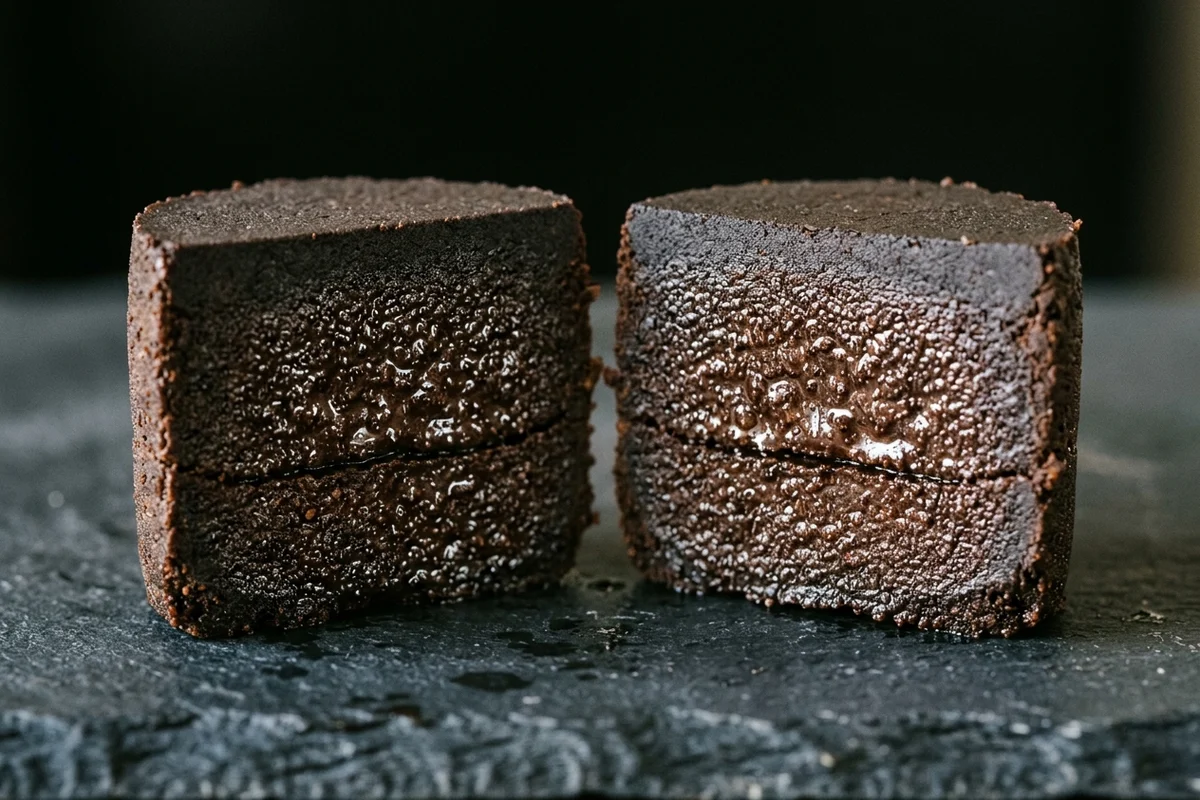 A spent espresso puck snapped in half, both pieces standing with the broken cross-section facing the camera, the interior dark and glistening with moisture and split by a thin horizontal line where the bed has separated into two layers.