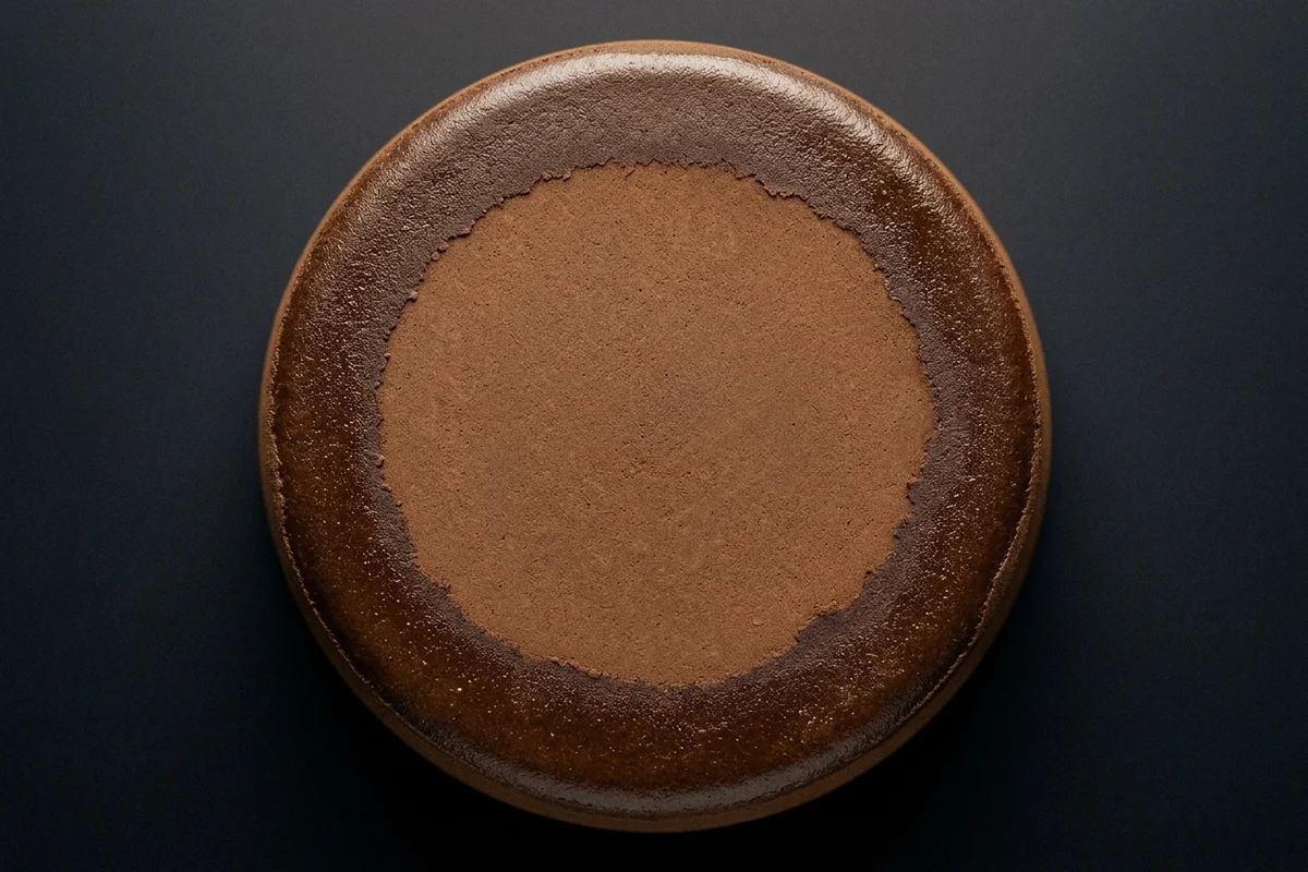 A spent espresso puck seen from directly overhead, the whole disc coffee brown, with a broad outer ring that is darker and holds a wet sheen and a lighter matte centre, the boundary soft and uneven.