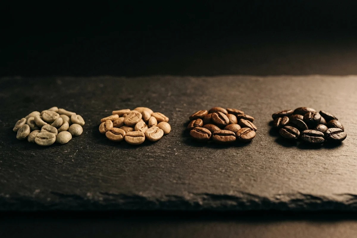 Four small heaps of whole coffee beans in a row on dark slate, the leftmost pale sage-green and unroasted, then light tan, then medium chestnut, then almost black with an oily sheen.