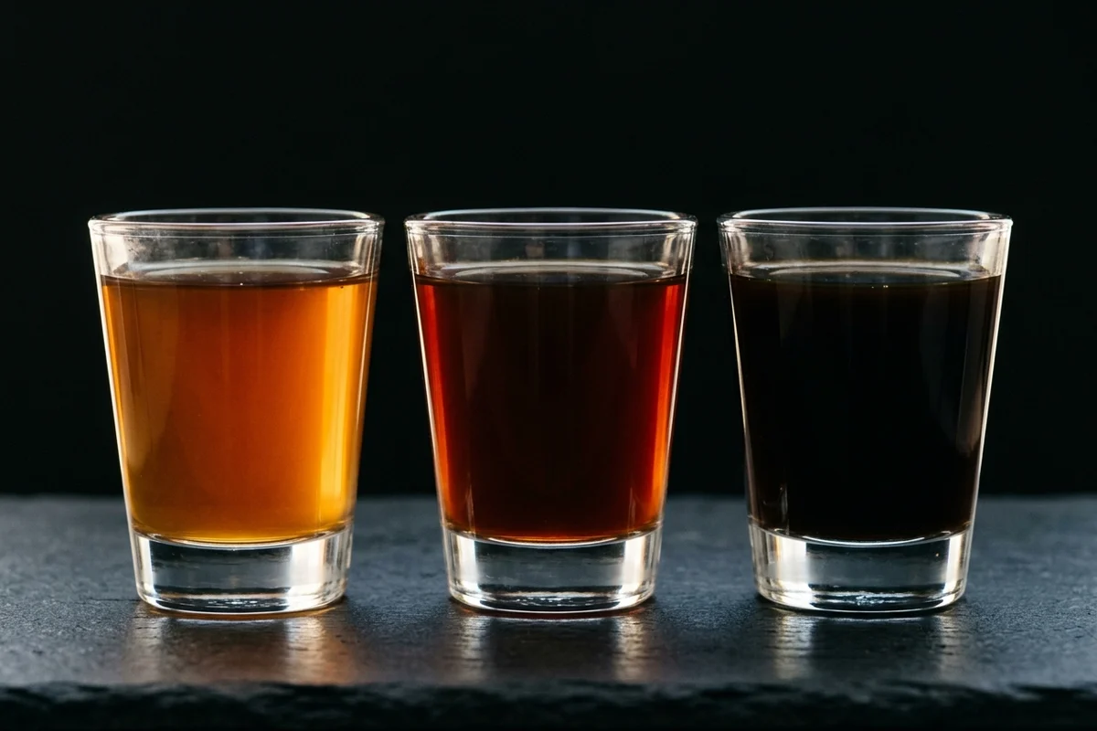 Three identical shot glasses in a row on dark slate, filled to the same level with the same coffee at increasing concentration: glowing amber on the left, deep mahogany in the middle, near-black on the right.