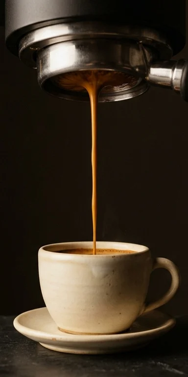 Espresso falling from a bottomless portafilter into a cup