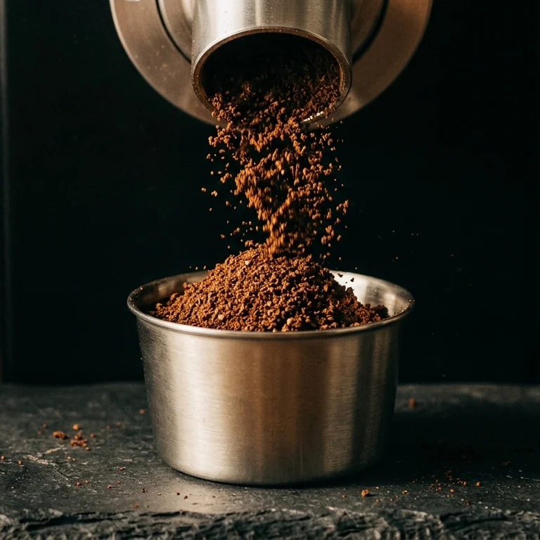 Freshly ground coffee falling into a stainless dosing cup
