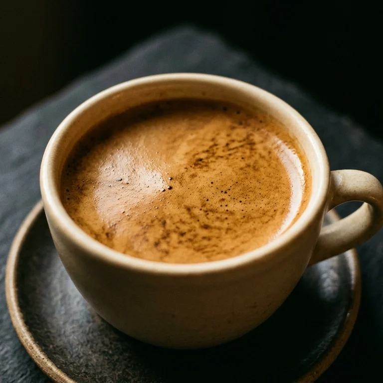A finished espresso with its crema intact, on slate